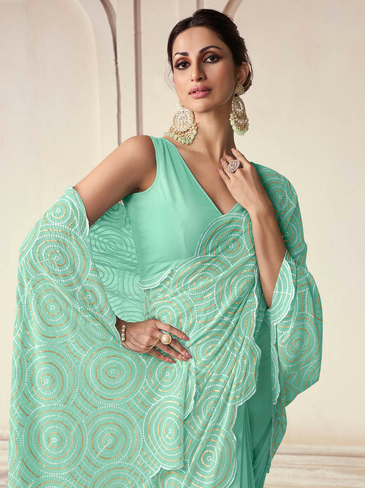 Blue georgette saree features gorgette blouse