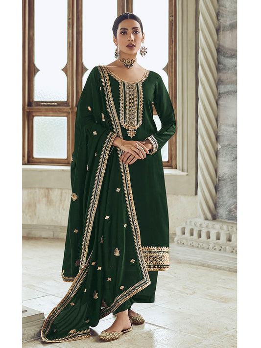 Bottle Green Premium Silk Embroidered Pant Style Suit
