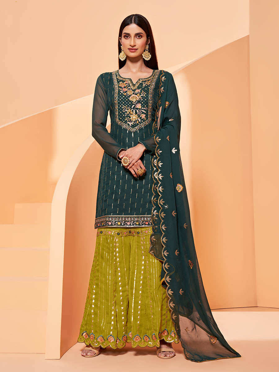 Dark Green Heavy Embroidered Sharara Suit