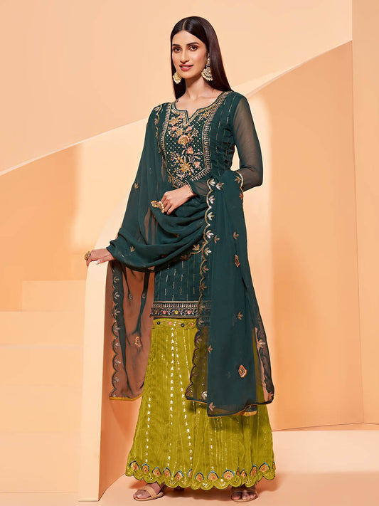 Dark Green Heavy Embroidered Sharara Suit