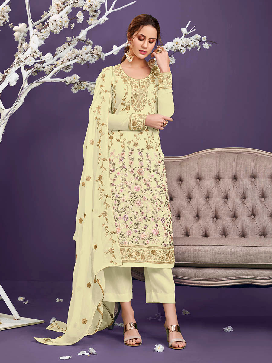 Light Yellow Floral Thread Embroidered Palazo Suit