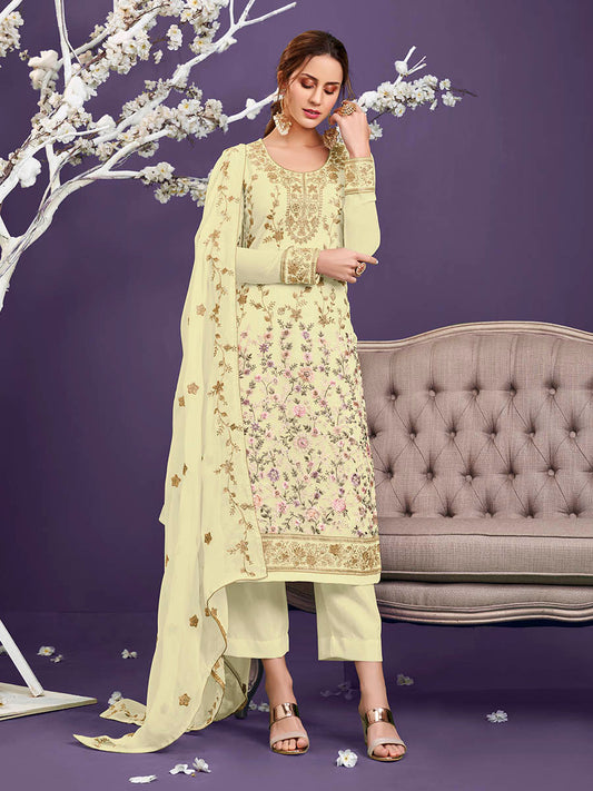 Light Yellow Floral Thread Embroidered Palazo Suit