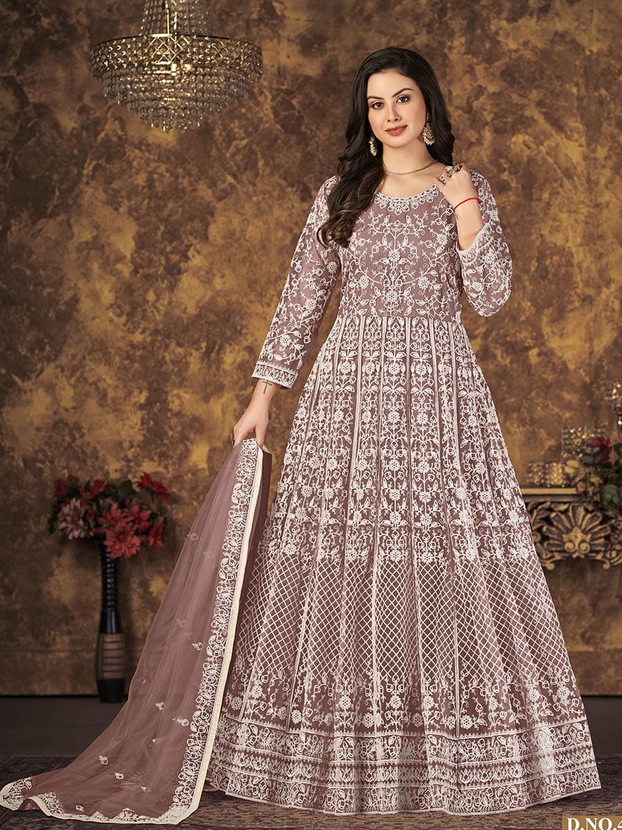 Dusty Brown Butterfly Net Embroidered Anarkali Suit