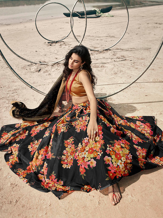 Black Organza Printed Lehenga