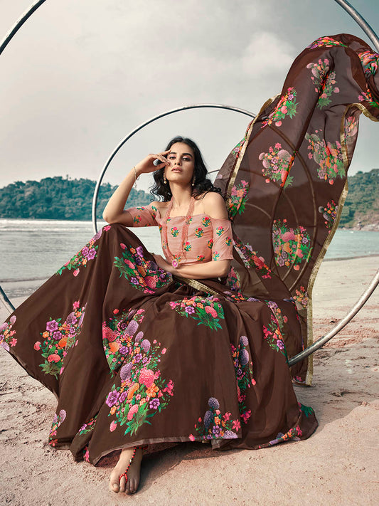 Brown Organza Printed & Embroidered Lehenga