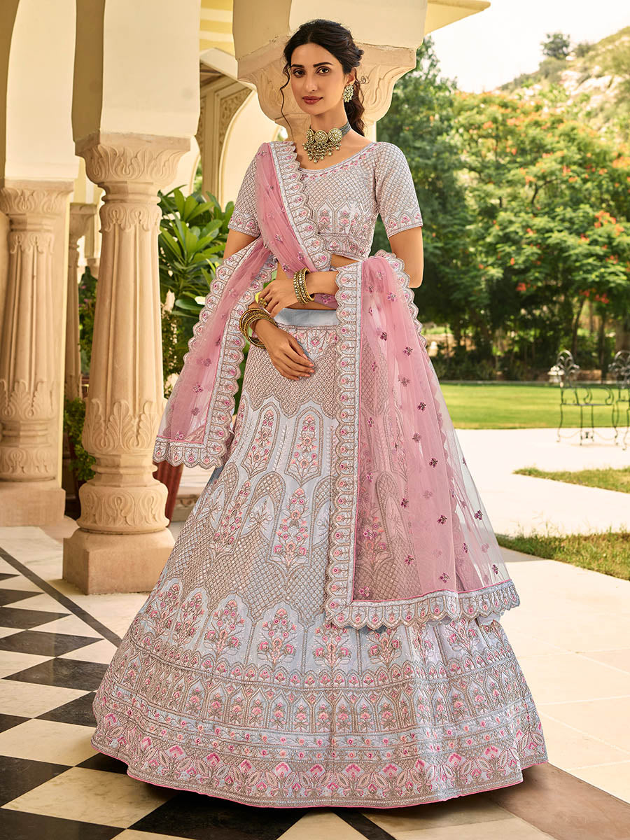 Dusty Blue Organza Embroidered Lehenga Choli