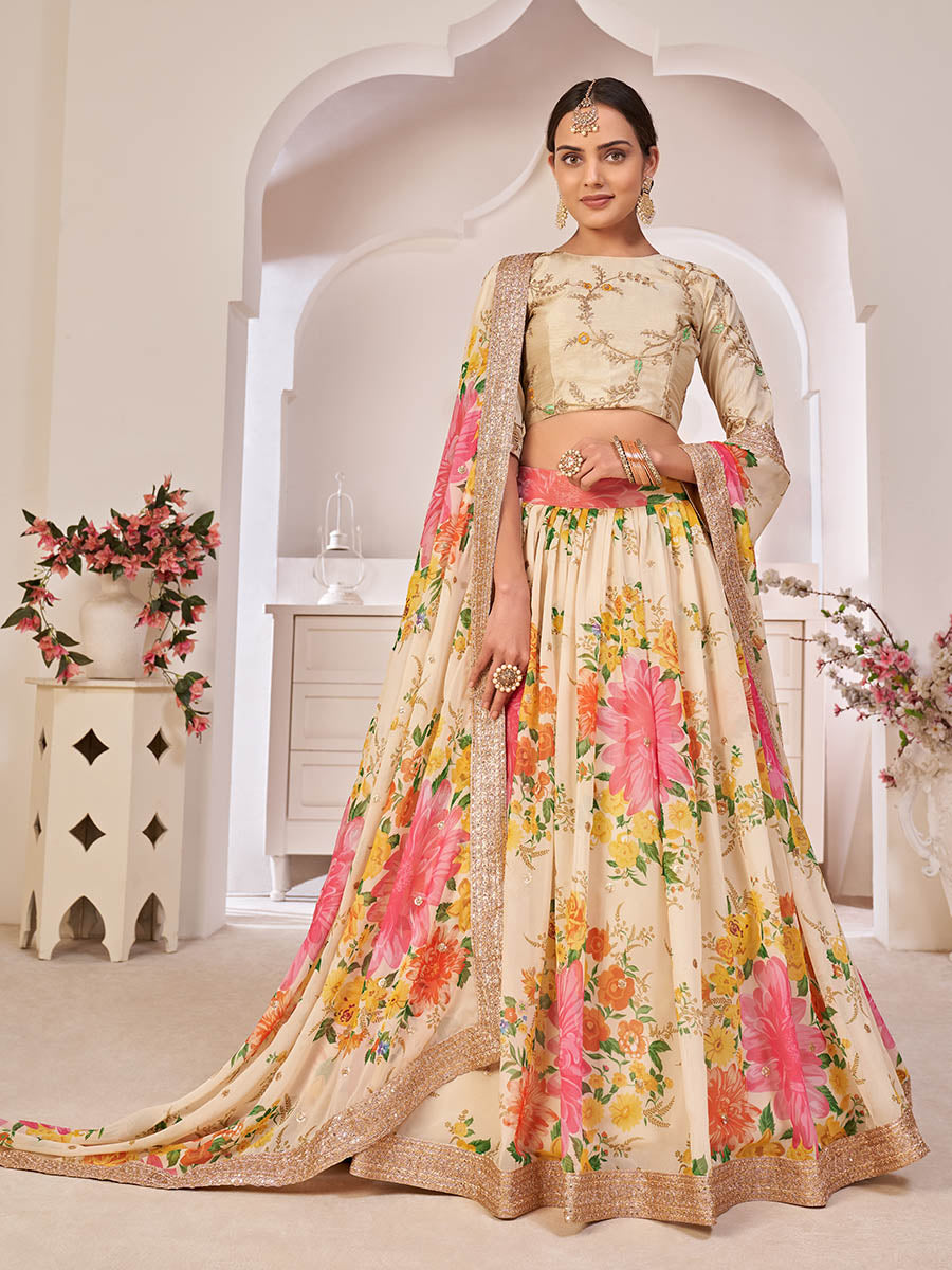 क्रीम डिजिटल प्रिंटेड गोरगेट लहंगा