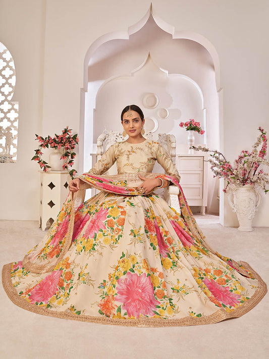 क्रीम डिजिटल प्रिंटेड गोरगेट लहंगा