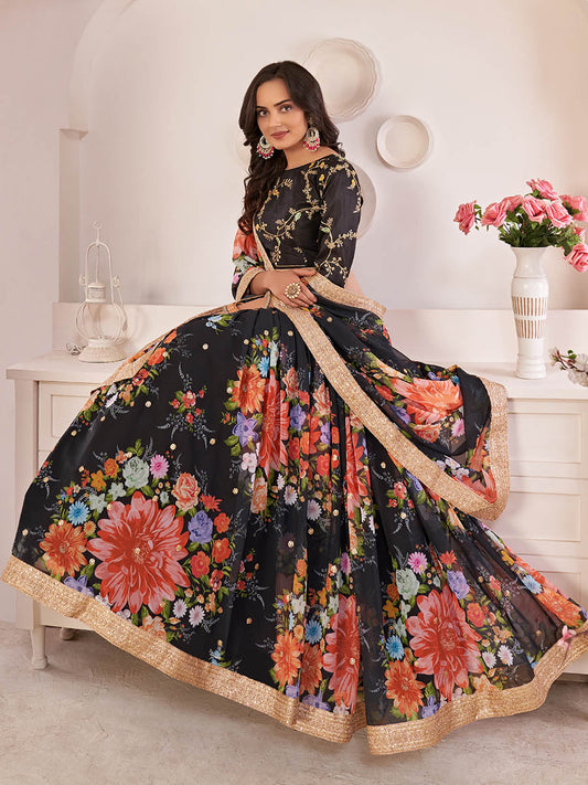 काला डिजिटल प्रिंटेड गोरगेट लहंगा