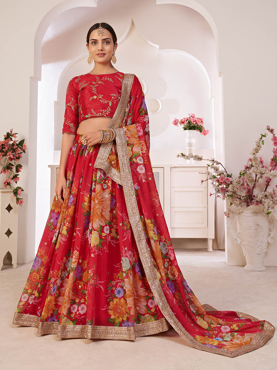 लाल डिजिटल प्रिंटेड गोरगेट लहंगा