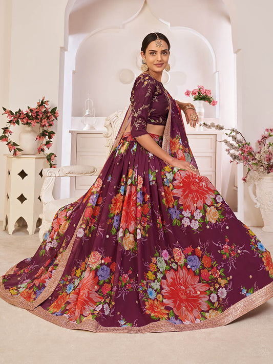 वाइन डिजिटल प्रिंटेड गोरगेट लहंगा