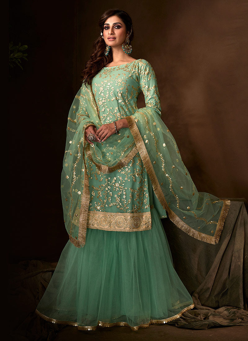 Mint Green Traditional Embroidered Gharara Suit Mint Green Traditional Embroidered Gharara Suit
