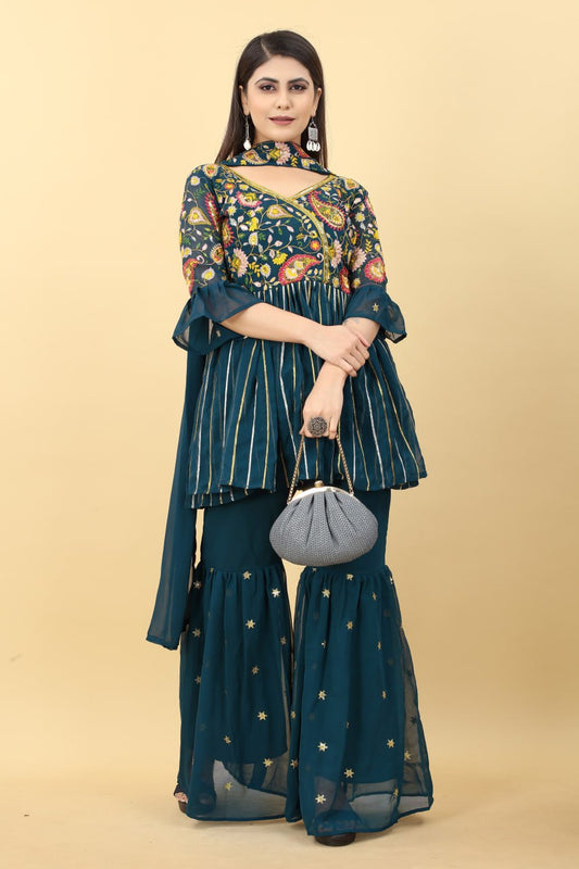 डिमांडिंग टील ग्रीन कलर सीक्वेंस एम्ब्रॉयडरी वर्क पलाज़ो सूट