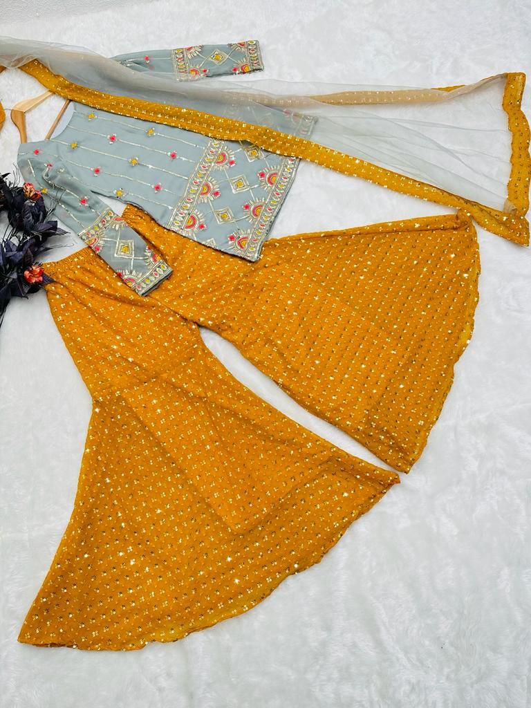 Grey and Yellow Sharara Sets with Embroidery Work