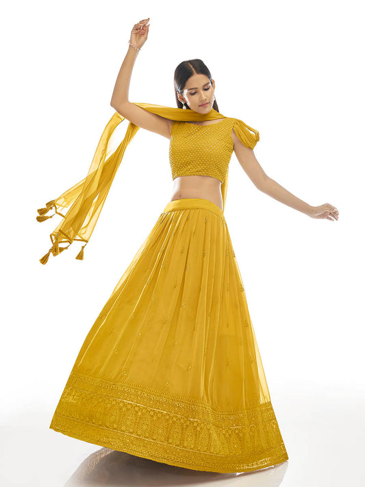 मस्टर्ड जॉर्जेट कढ़ाई वाला डिज़ाइनर लहंगा