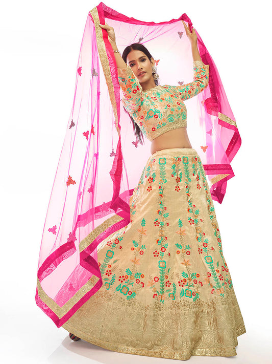 क्रीम आर्ट सिल्क कढ़ाई डिजाइनर लेहेंगा