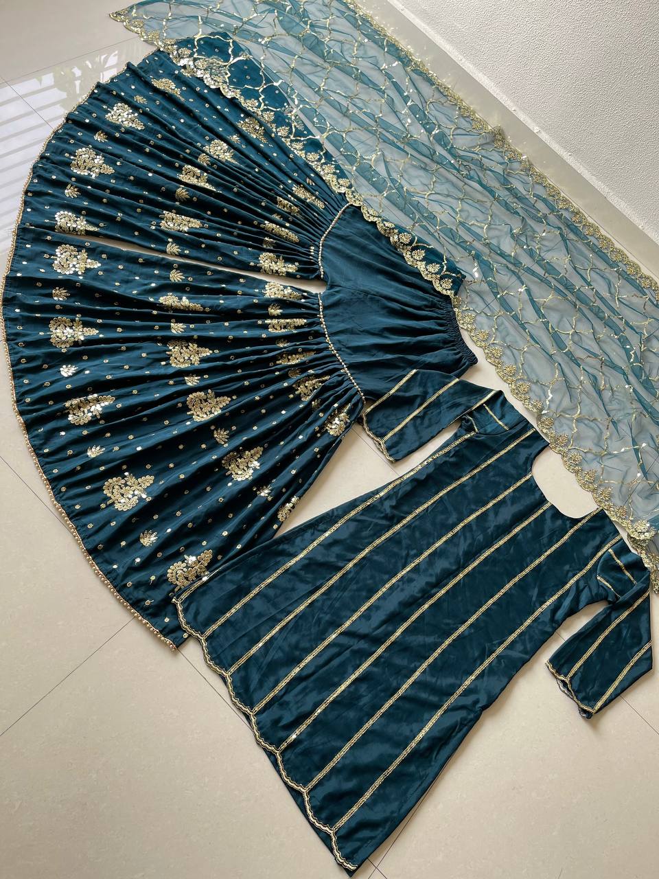 Fancy Teal Blue Color Sequence Work Silk Sharara Suit