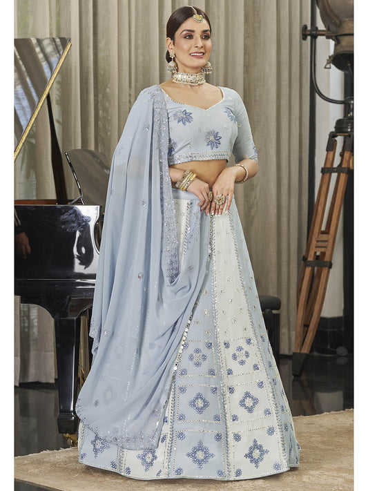 सफ़ेद और आसमानी मल्टीकलर जॉर्जेट कढ़ाई वाला डिज़ाइनर लहंगा चोली