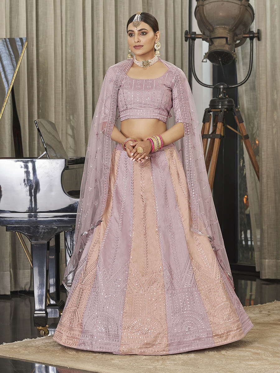 गुलाबी और पीच मल्टीकलर आर्ट सिल्क कढ़ाई डिजाइनर लहंगा चोली