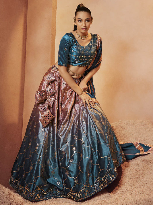 टील ब्लू वेलवेट कढ़ाई वाला डिजाइनर लहंगा चोली