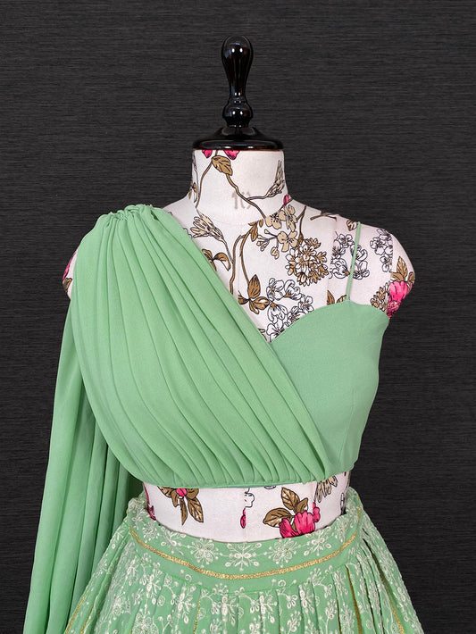 पिस्ता कलर लखनवी थ्रेड वर्क जॉर्जेट पार्टी वियर लहंगा चोली सेट