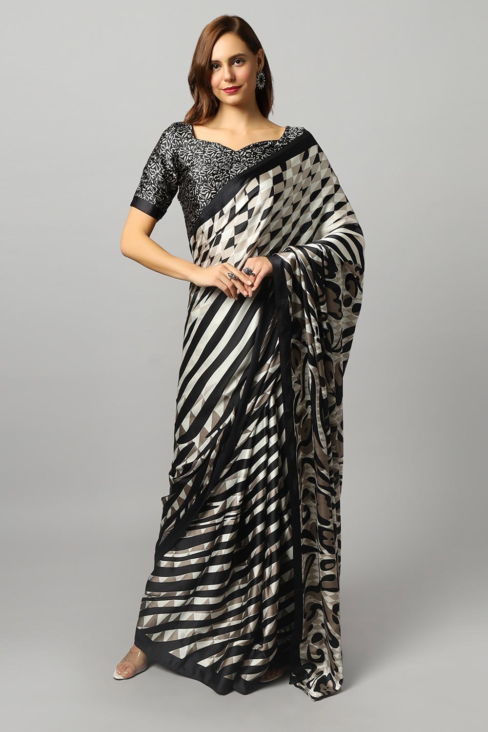 Meena Black & Off-White Satin Zebra Print One Minute Saree