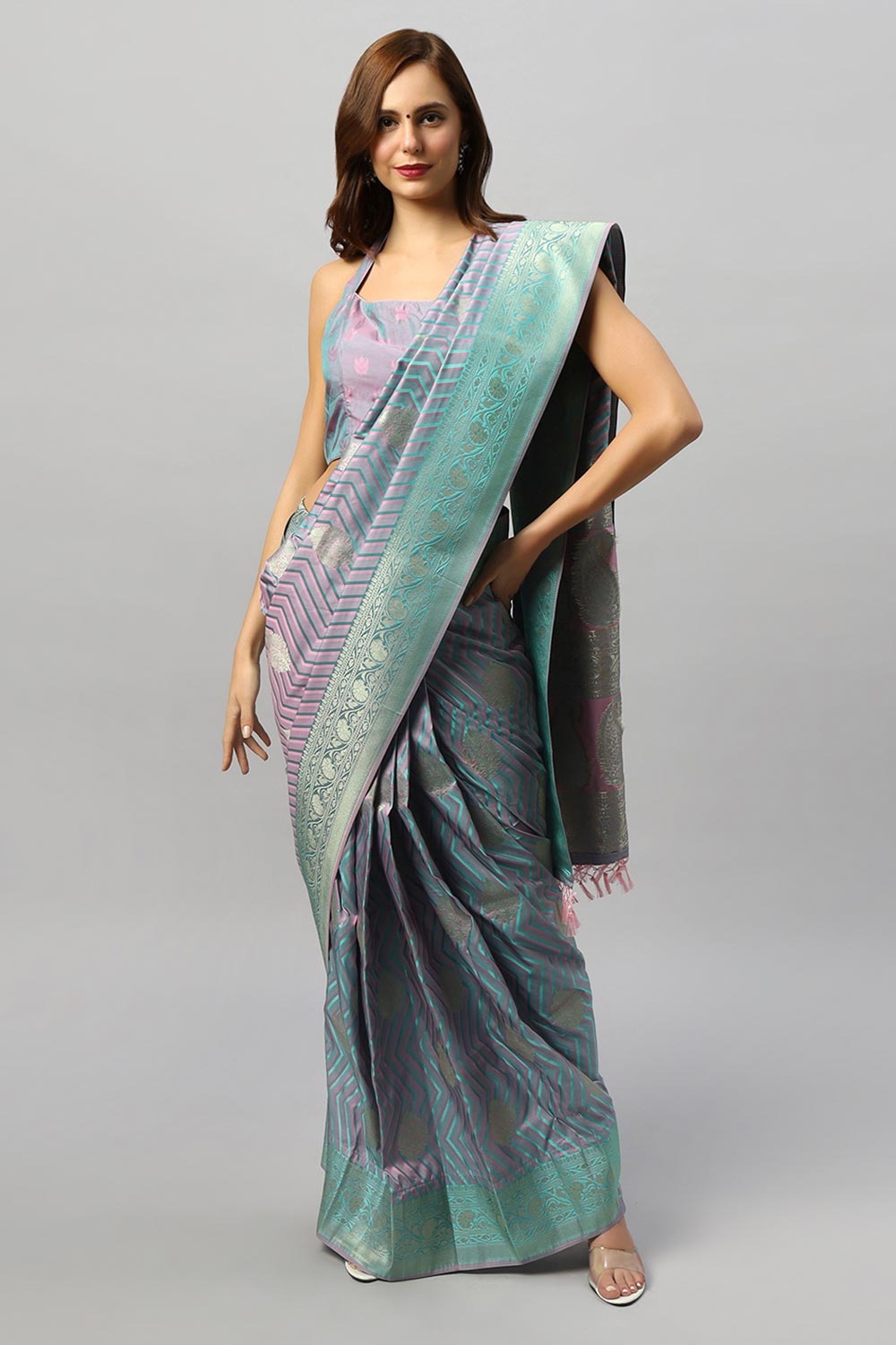 Madhu Pink & Teal Satin Two-Tone One Minute Saree