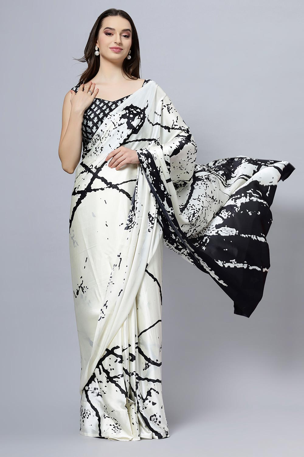 Camille Cream Printed Satin Crepe One Minute Saree