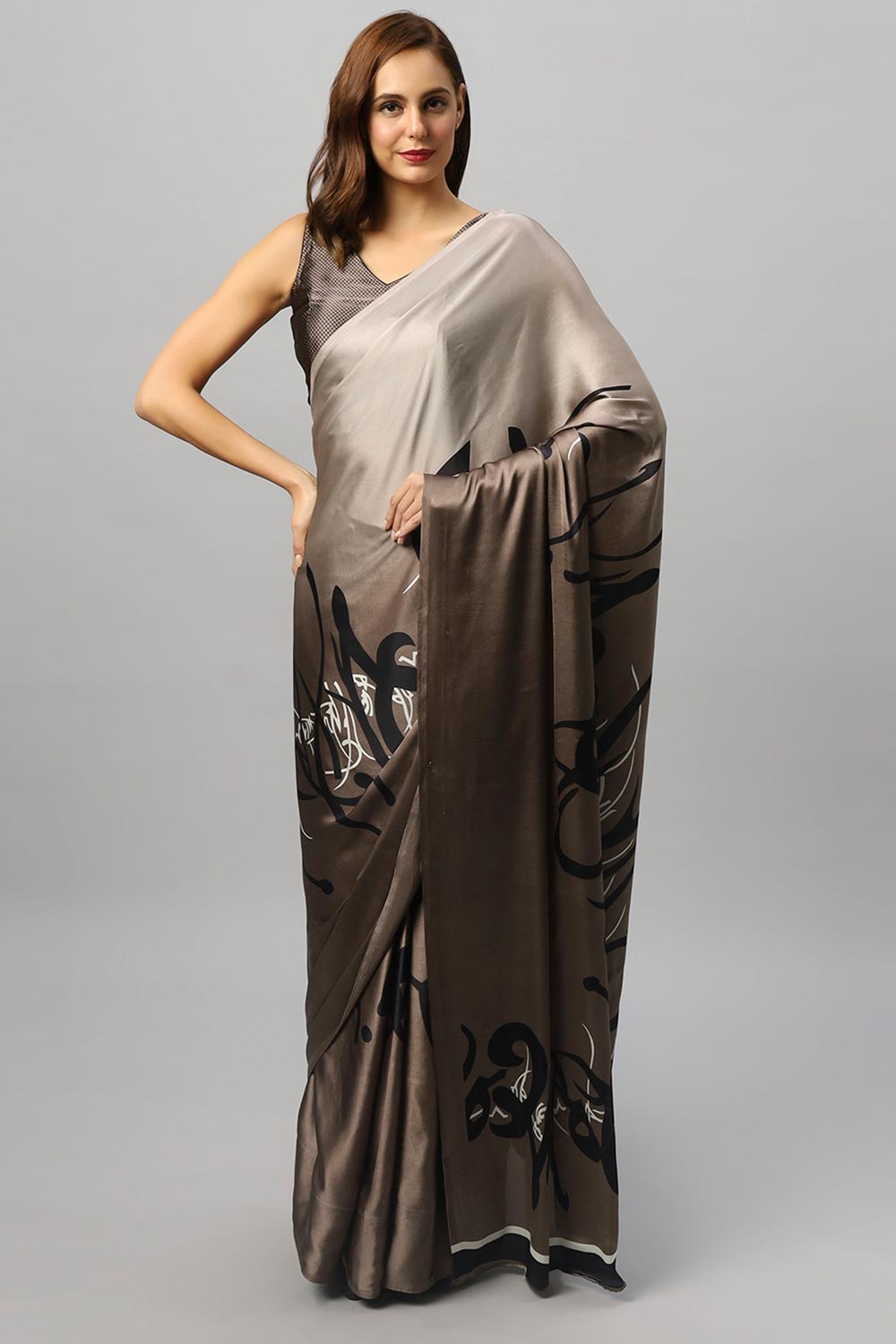Hema Grey Satin Printed One Minute Saree