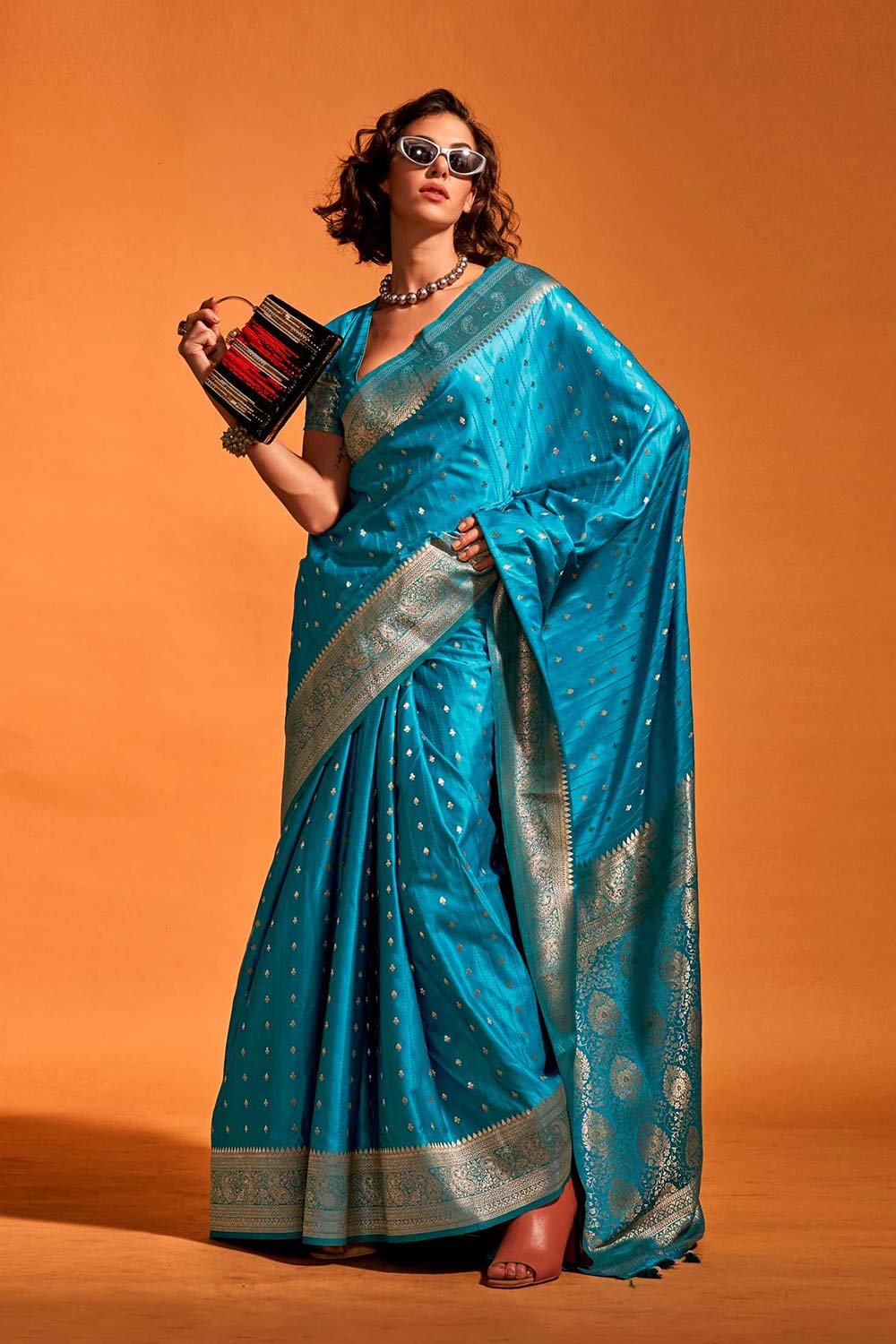 Malahi Blue Pure Satin Foil Print One Minute Saree