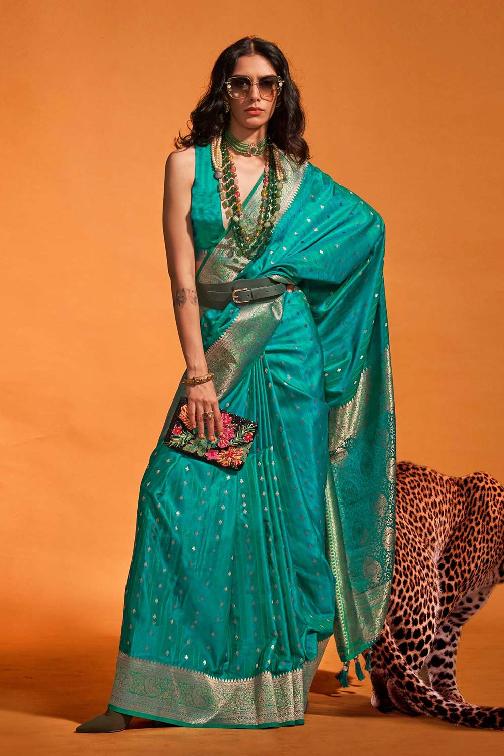 Malahi Turquoise Pure Satin Foil Print One Minute Saree