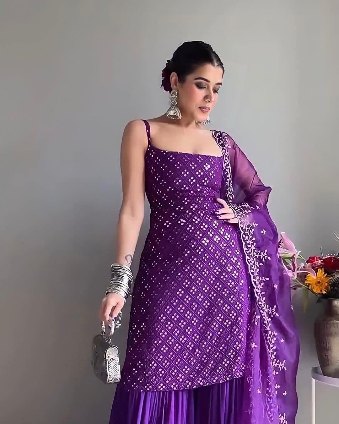 Party Wear Sharara Suit In Purple Color With Heavy Embroidery Work