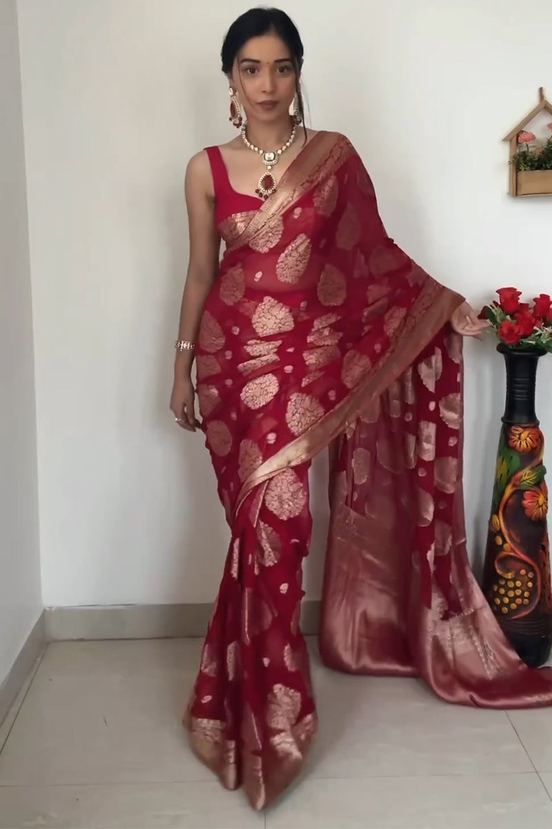 Delightful 1-Minute Ready To Wear Red Cotton Silk Saree