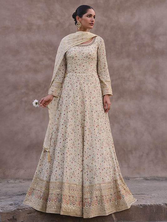 Cream Georgette Gown Style Party Wear Suit