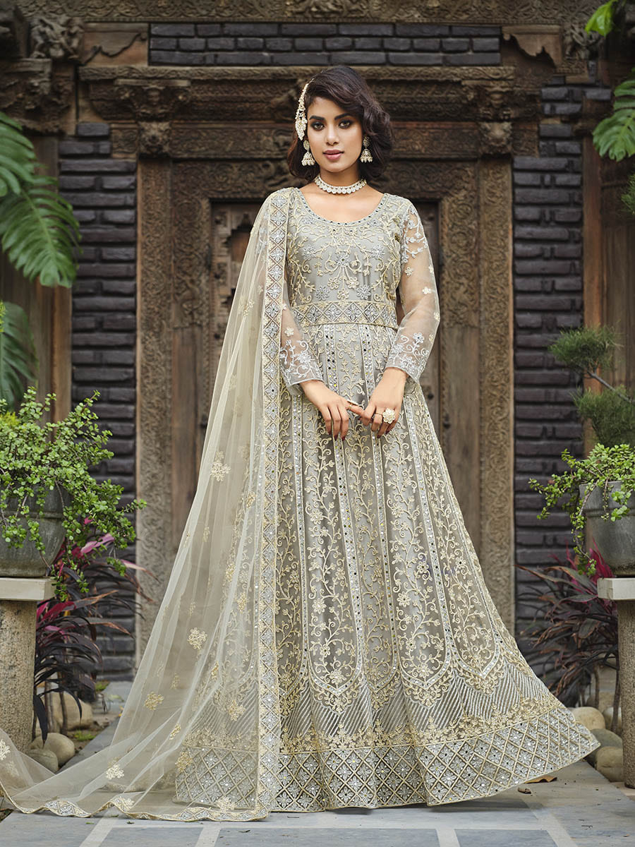 Dusty Grey Butterfly Net Heavy Embroidered Designer Anarkali Suit