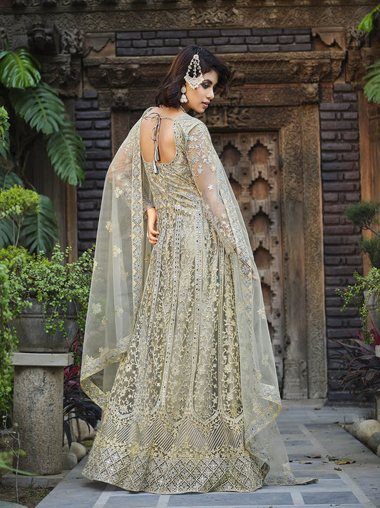 Dusty Grey Butterfly Net Heavy Embroidered Designer Anarkali Suit