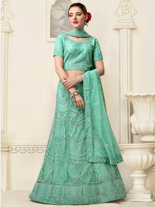 समुद्री हरे रंग का नेट भारी कढ़ाई वाला लहंगा चोली