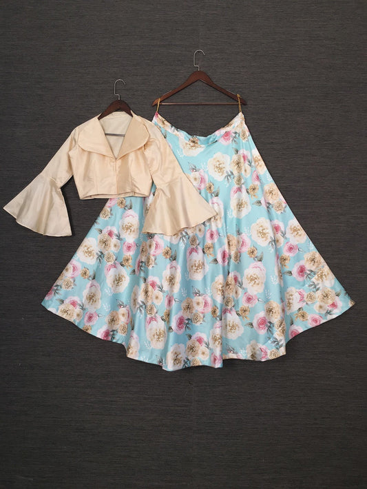 स्काई ब्लू कलर प्रिंटेड हैवी डल साटन लहंगा चोली सेट