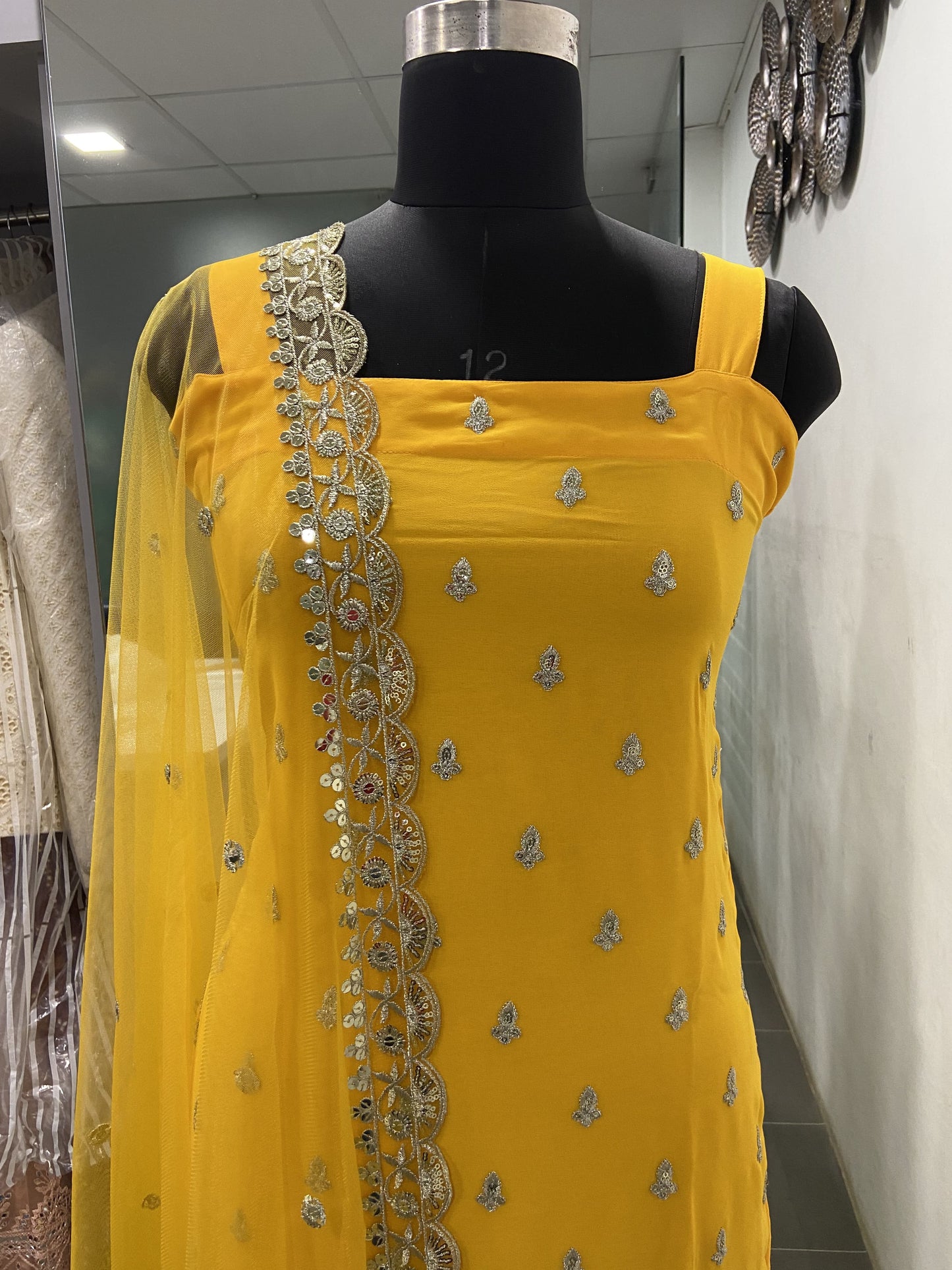Sleeveless Sequins Work Yellow Palazzo Suit Set