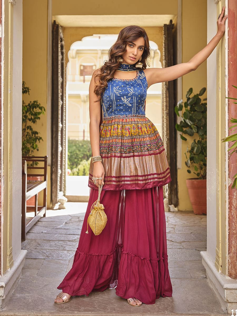 बहुरंगी शुद्ध गज्जी शरारा सूट