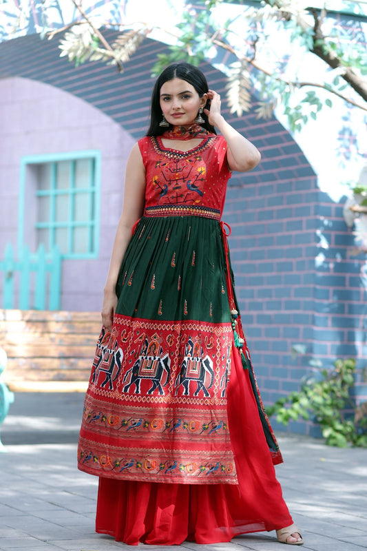 Designer Hand Mirror Work Red With Green Sharara Suit