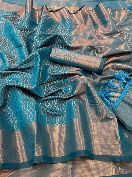 शानदार शुद्ध तांबे की ज़री वर्क वाली साड़ी