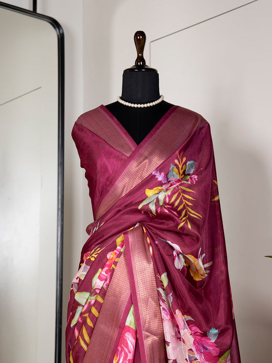 मैरून रंग प्रिंटेड ज़री बॉर्डर डोला सिल्क साड़ी