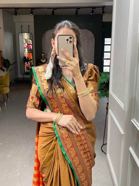 Mustard Color Zari Weaving Work Narayan Pet Saree