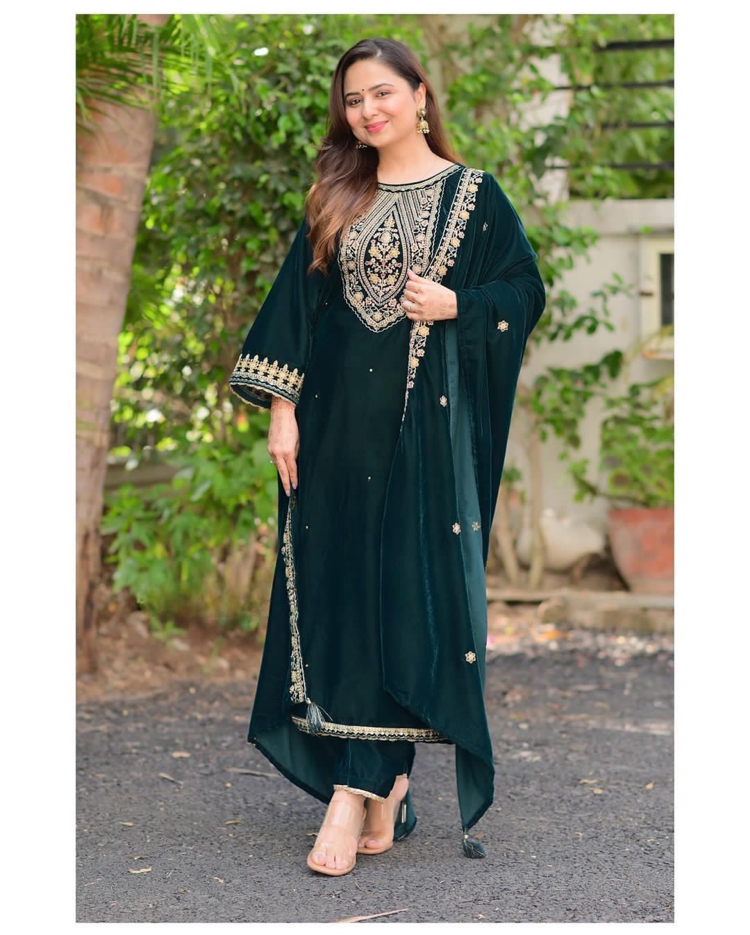 Viscos Velvet Cording Sequence Embroidery Work Salwar Suit