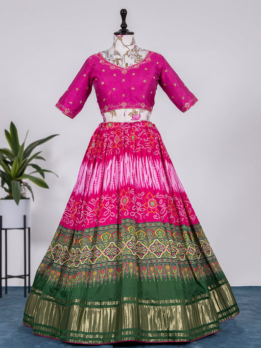 Pink Color Bandhej Digital Print Pure Gaji Silk Chaniya Choli