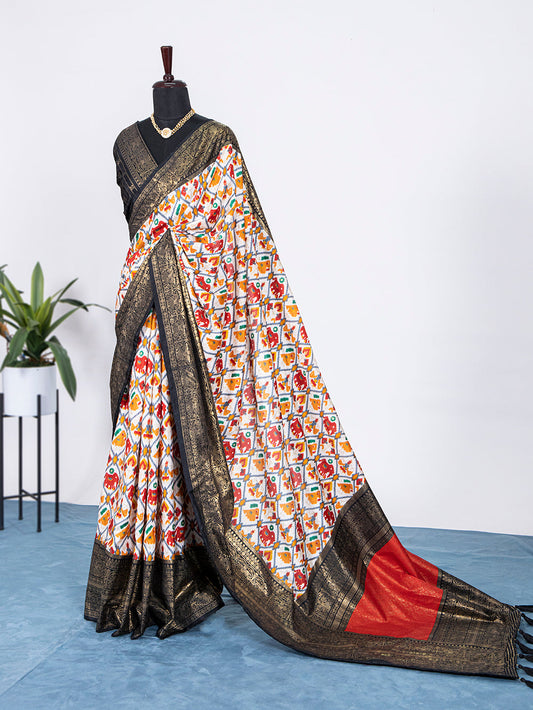 Black Color Patola Print with Foil Work Dola Silk Saree