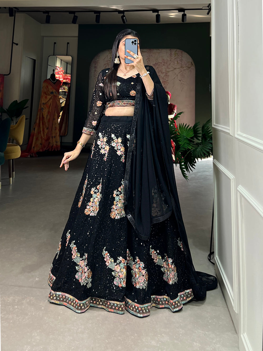Black Color Sequins And Thread Embroidery Work Georgette Lehenga Choli