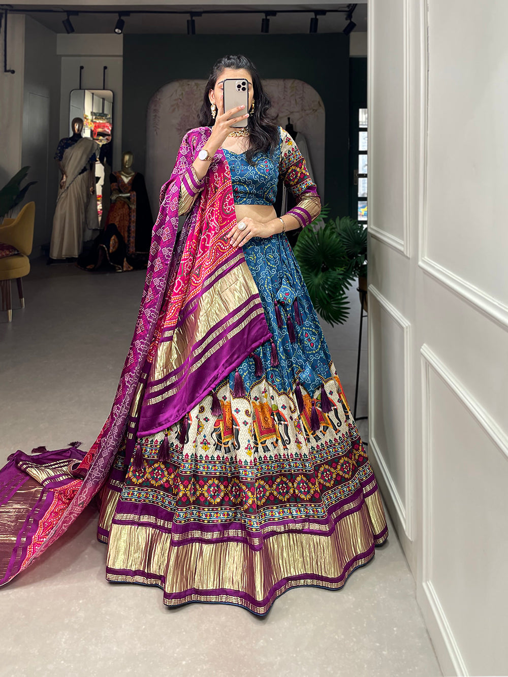 Blue Color Digital Printed With Lagadi Patta Gaji Silk Lehenga Choli