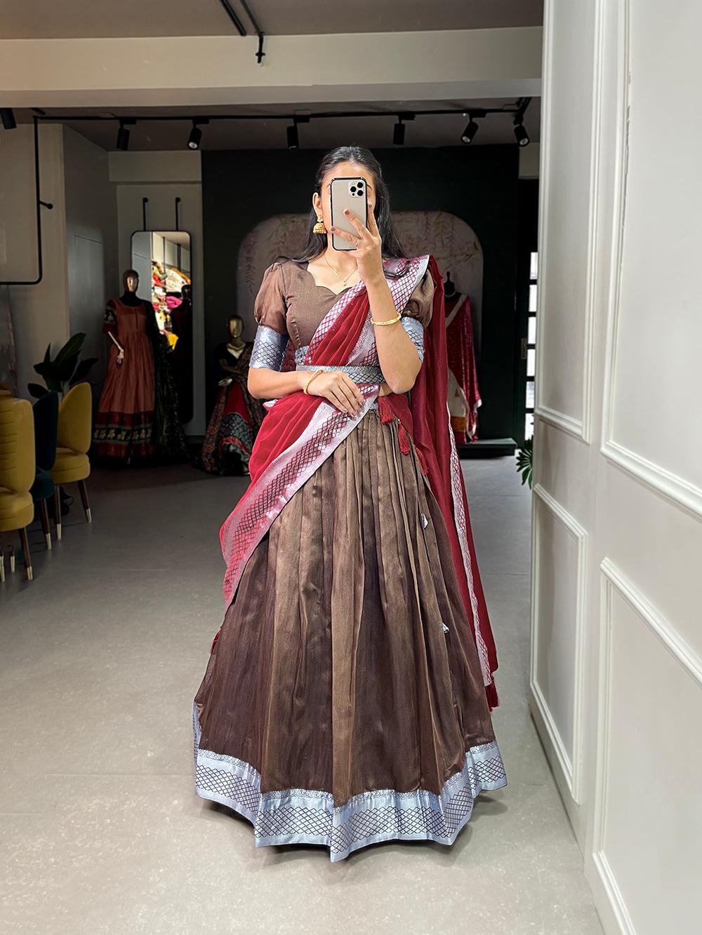 Brown Color Plain And Silver Viscose Chanderi Dupion Silk Semi Stich Half Saree Lehenga Choli